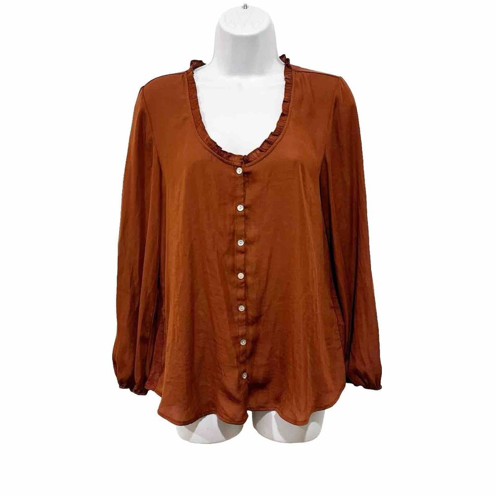 Dolan Women's Size M Rust Color Button Front‎ Ruffle V-Neck Blouse Shirt Top